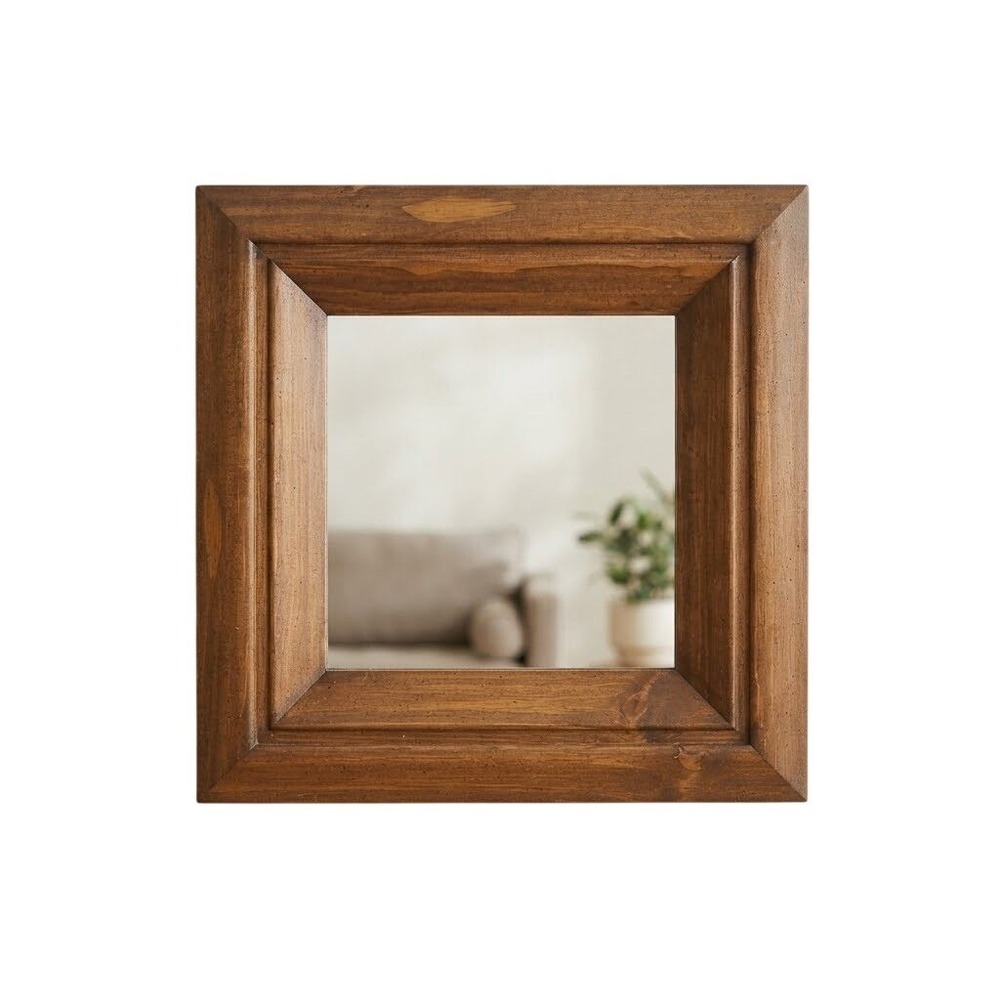 Square Wall Mirror Brown Wood Frame Rustic Farmhouse Decor Accent Mirror Vintage